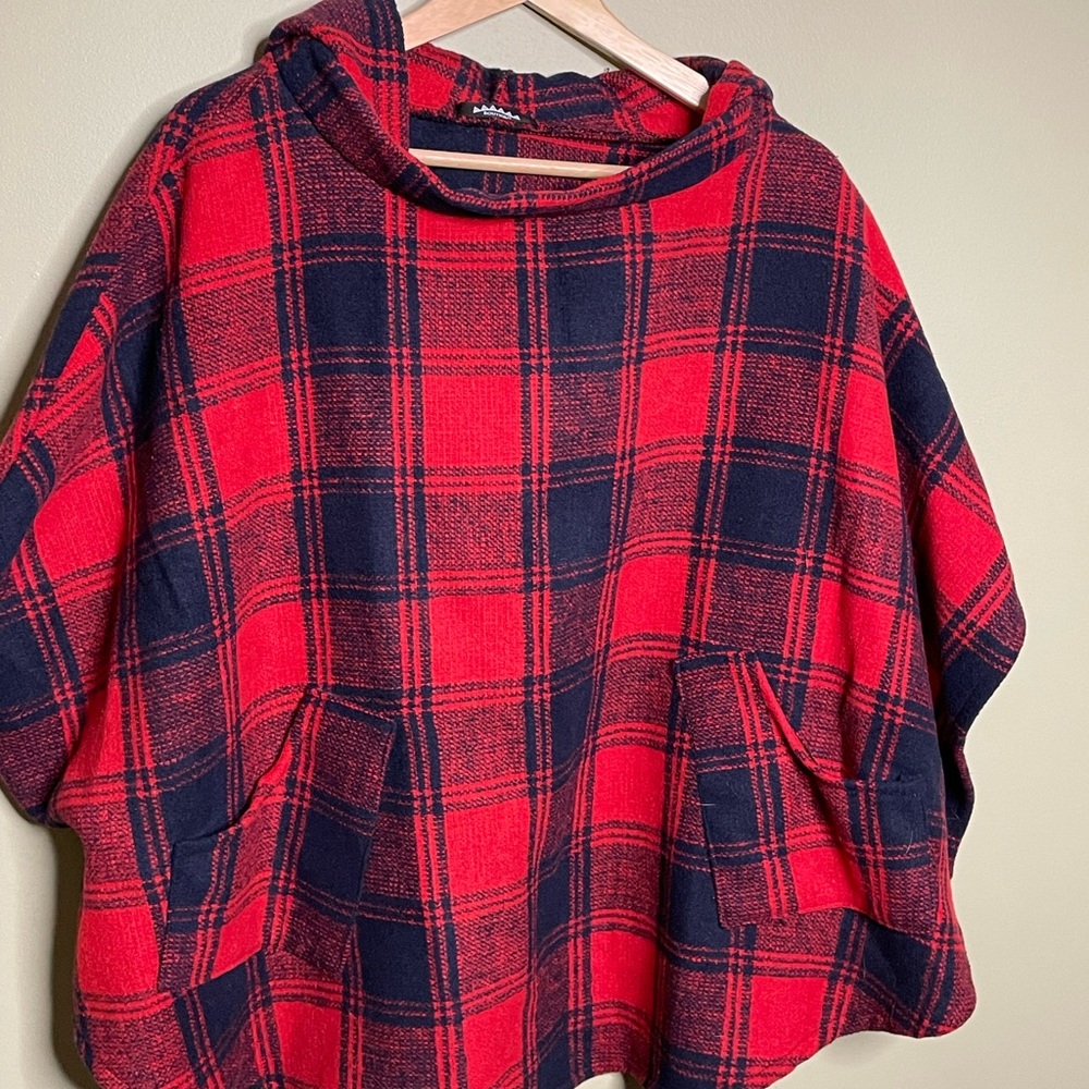 Plaid, wool hooded poncho